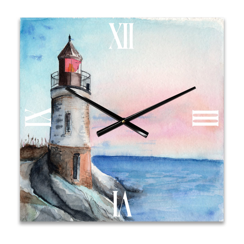 Un phare sur un rivage en début de matinée - horloge murale nautique et côtière, Petit