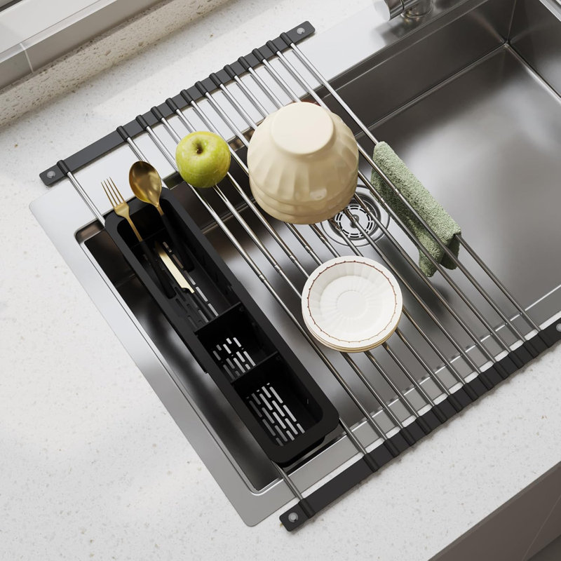Adjustable Over-The-Sink Dish Drying Rack With Roll-Up Storage Basket, 10-19.6 Inches, Stainless Steel