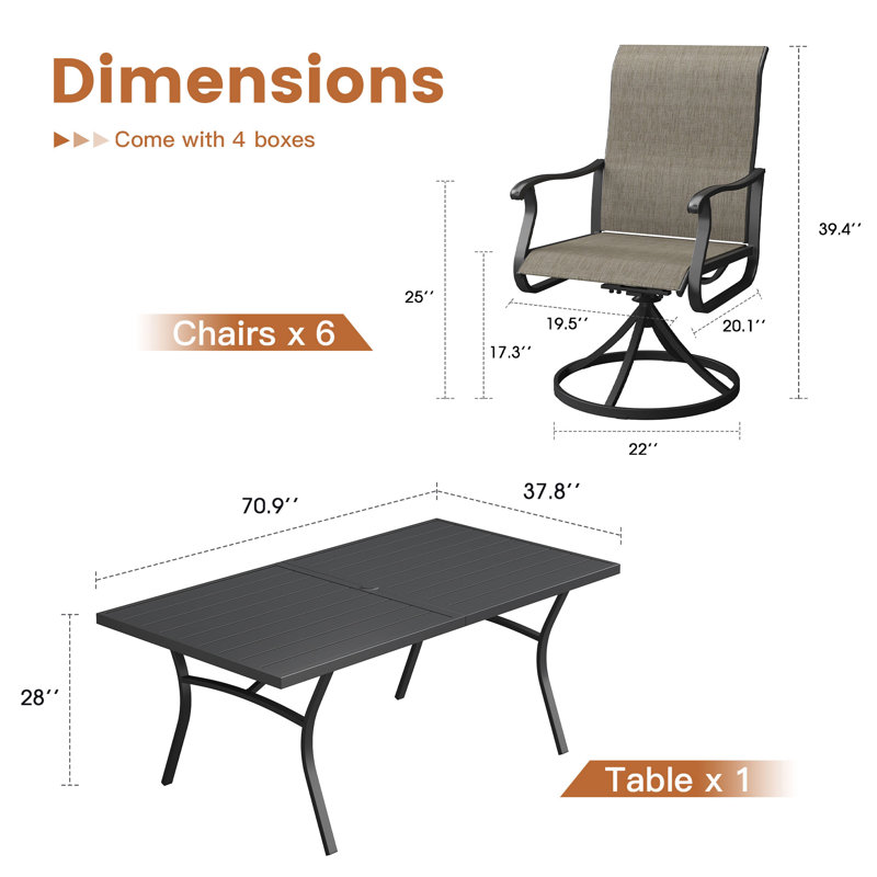 Ensemble repas d'extérieur 70,9 po avec très grande table rectangulaire et 6 chaises pivotantes en textilène , Brun
