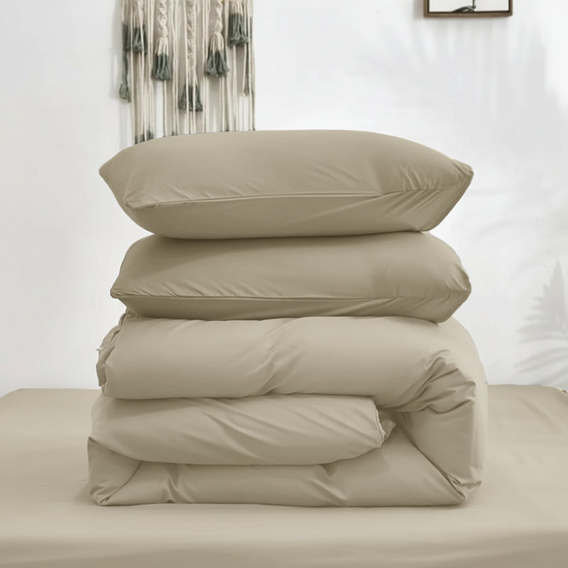 Plain Dyed Microfiber Duvet Cover Set with Pillowcases (3-Piece), Beige, Single Duvet + Additional Piece
