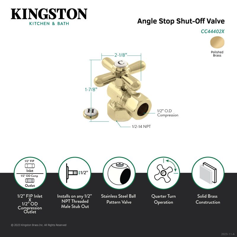 Robinet d'arrêt Kingston 1/2 "FIP x 1/2" DO, Laiton poli
