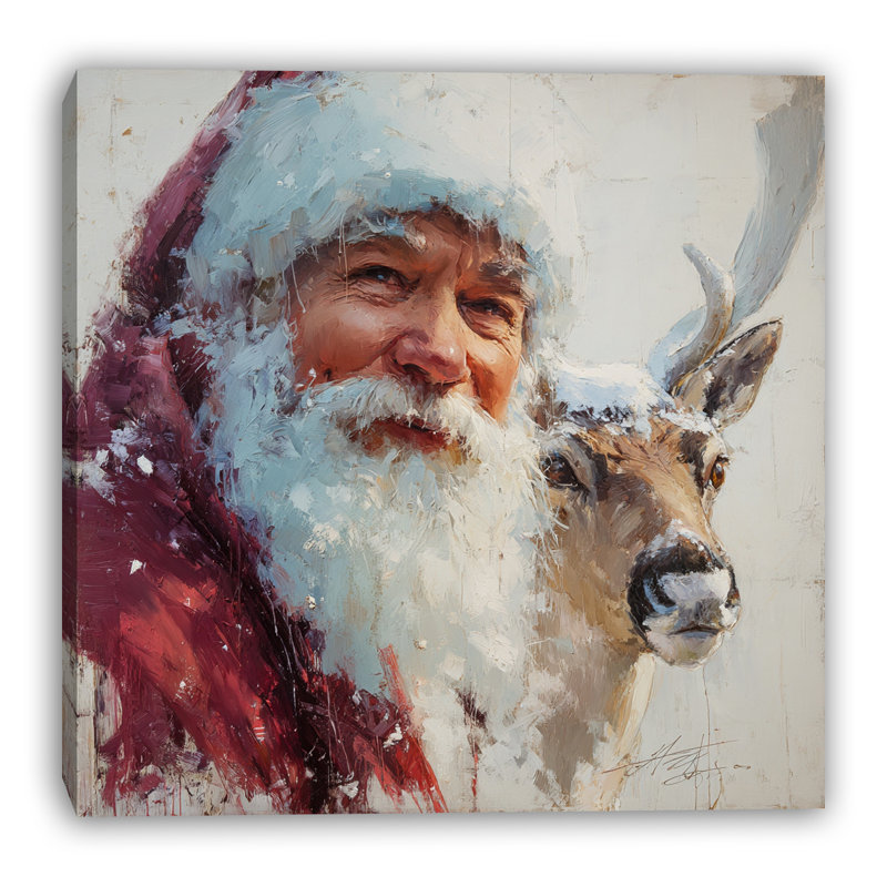 Père Noël et renne dans la neige, art mural sur toile, H 20 po x l 20 po