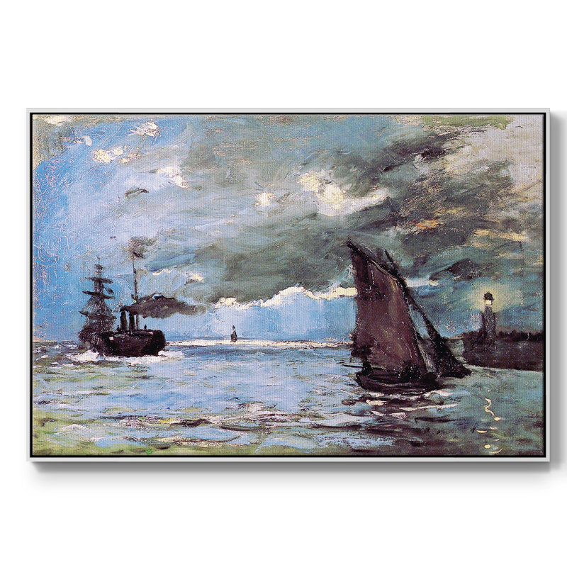 Paysage marin encadré sur toile par Claude Monet, Toile avec cadre blanc, H 25 po x l 37 po x P 2 po