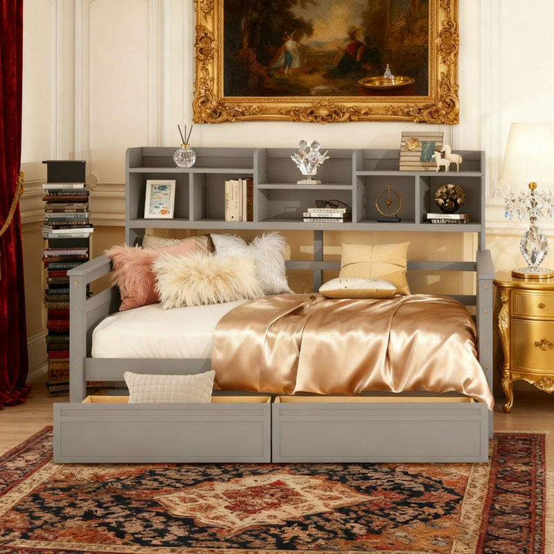 Lit de jour, support en lattes de bois, avec tablettes de chevet et deux tiroirs, Lit simple, Gris