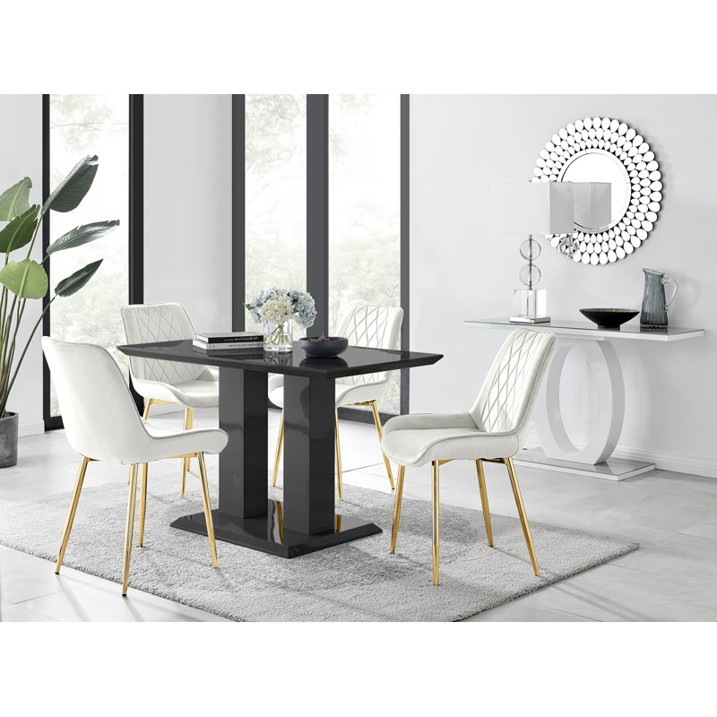 Eubanks High Gloss Double Pillar Dining Table Set with 4 Luxury Velvet Upholstered Dining Chairs, Green/Gold, Black, Black