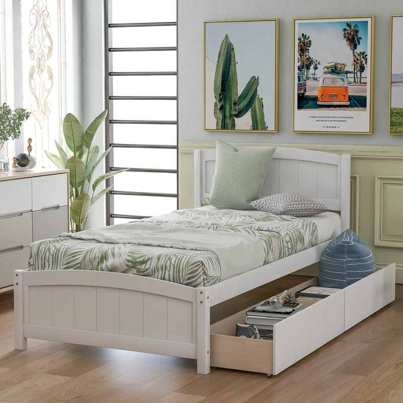 Lit plateforme simple avec deux tiroirs, Blanc