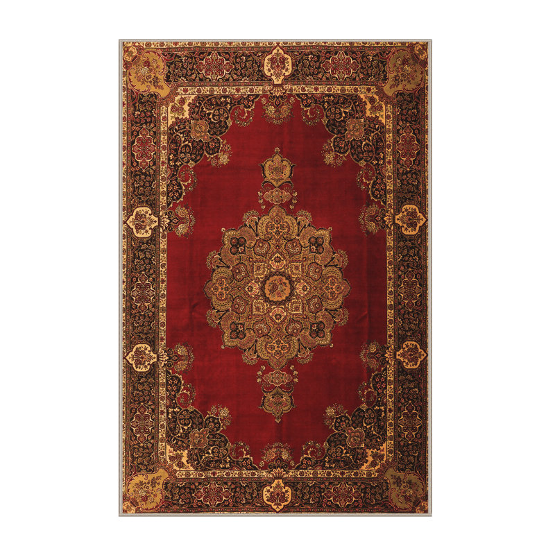 Tapis oriental en laine / polyester tissé à la machine en orange / noir / rouge, Rectangle 8 pi x 12 pi