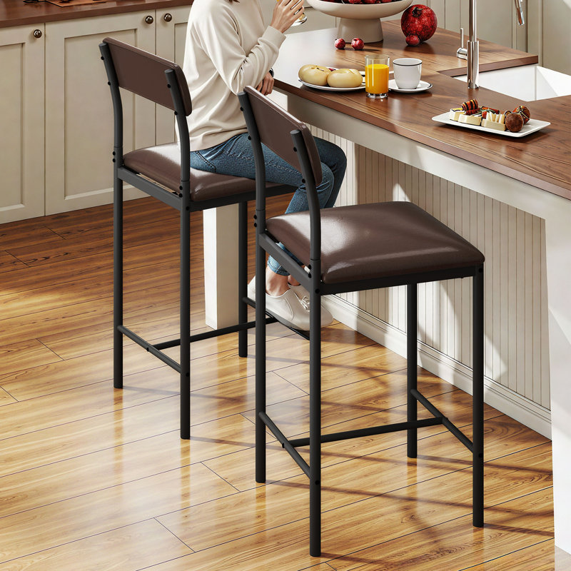 Set of 2 Industrial Bar Stools with Padded Seat and Back, Brown