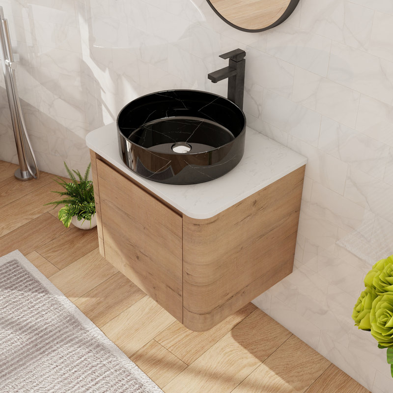 Meuble-lavabo flottant simple 24 po avec lavabo d'art en céramique, meuble-lavabo mural avec 1 porte à fermeture en douceur