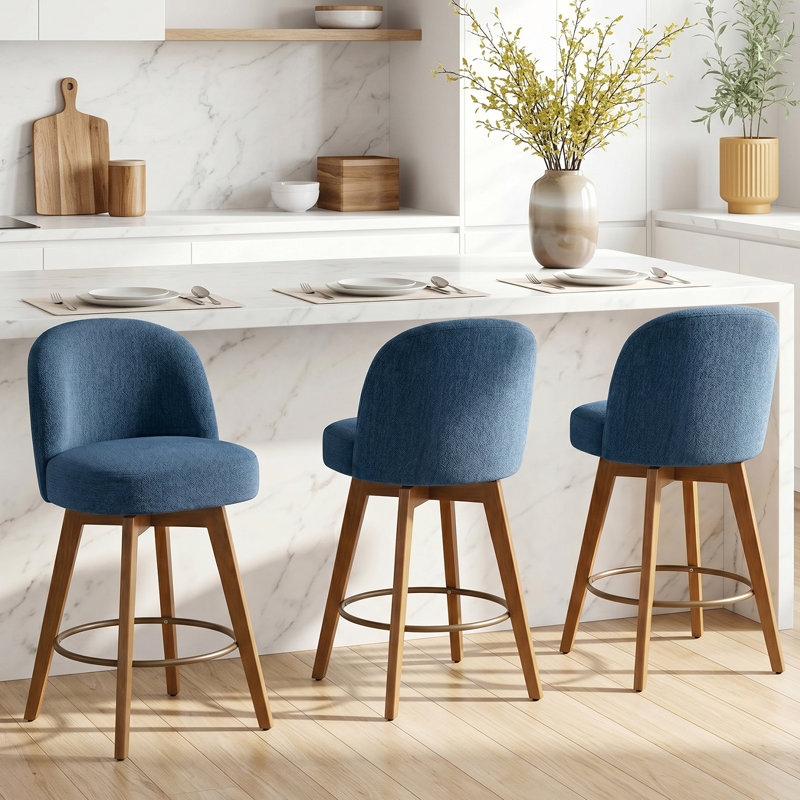 Ensemble de 3 tabourets de bar 26 po Mid Century, Bleu foncé / mélange de lin, 3