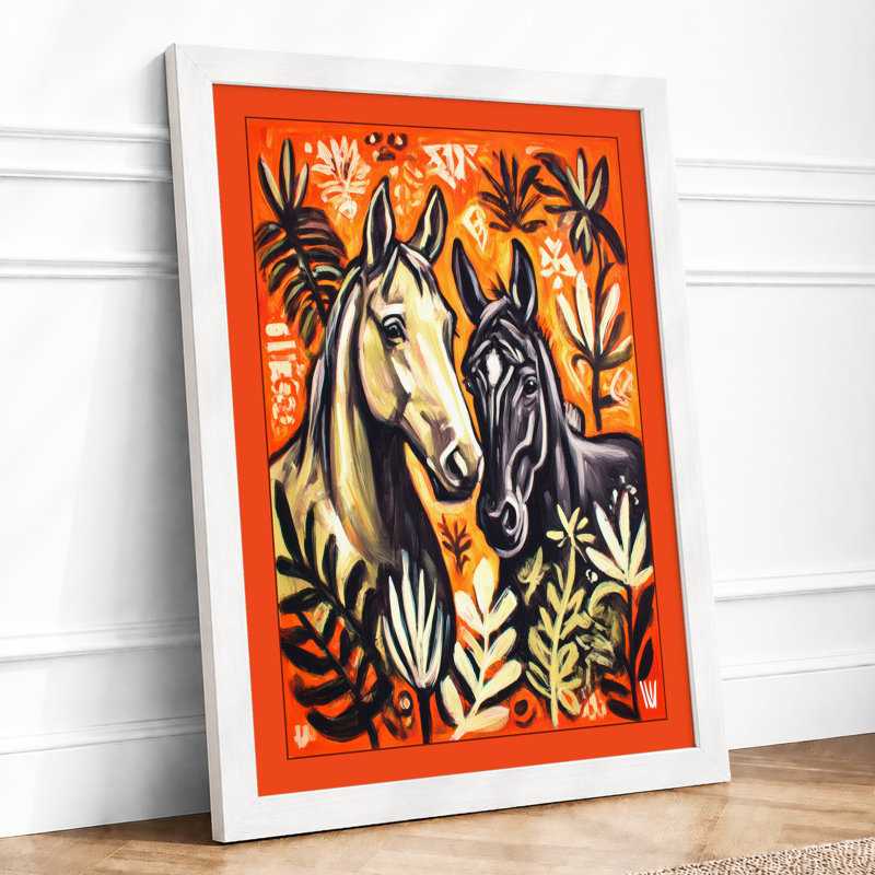 Two Horses Among Leaves Boho - Single Picture Frame Print, A3 - 42.0 x 29.7 cm, White