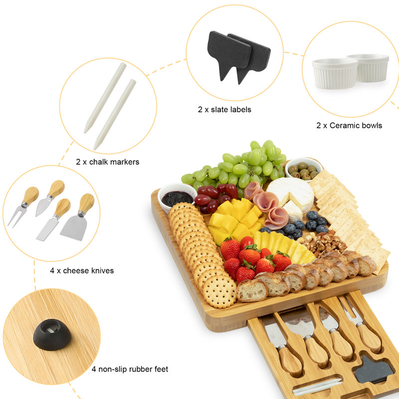 Bamboo Cheese Board Set with Hidden Knife Tray, Soapstone Chalk, and Serving Moat