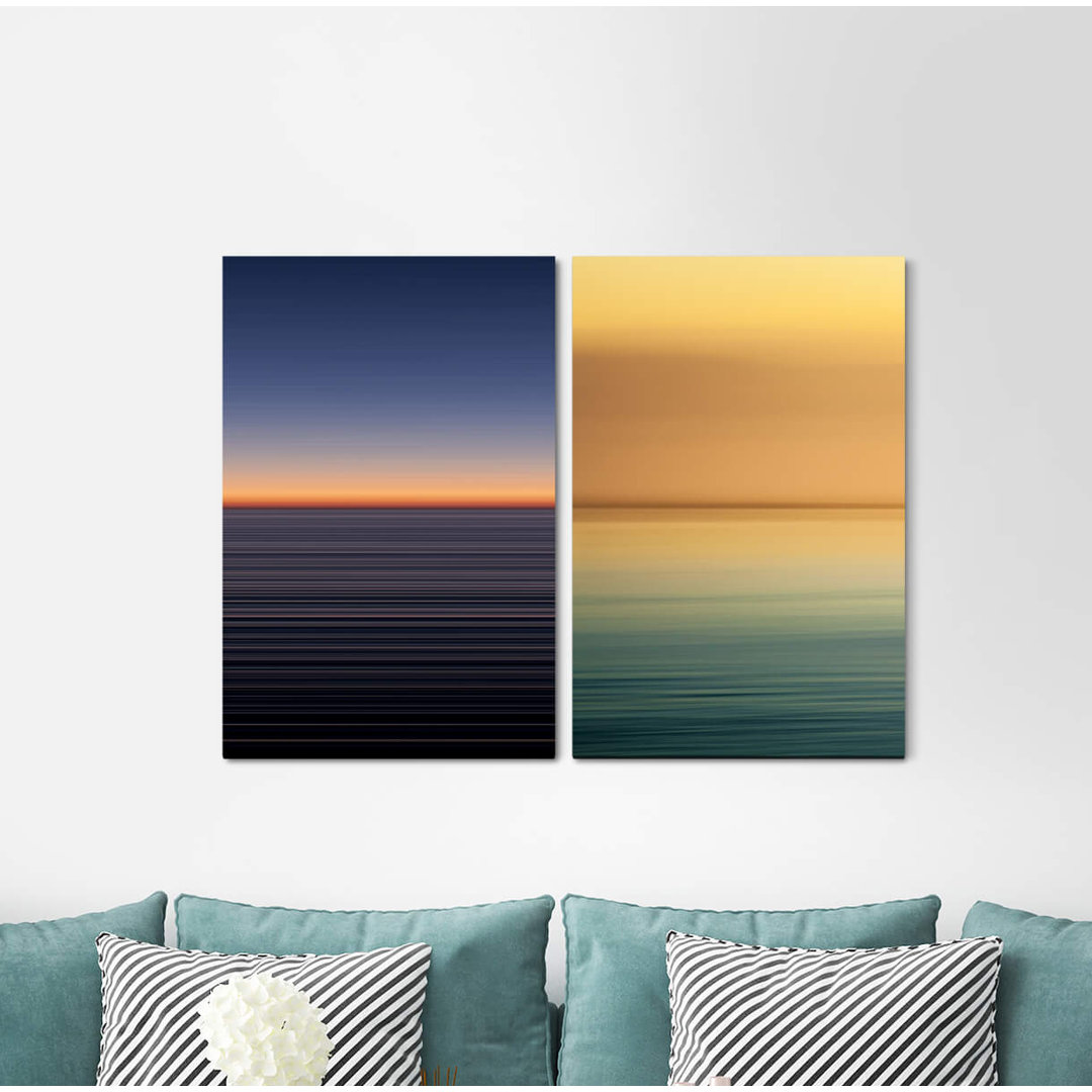 2-tlg. Leinwandbilder-Set - Grafikdruck „Horizon Minimal Gold Sea Sky Evening Red”