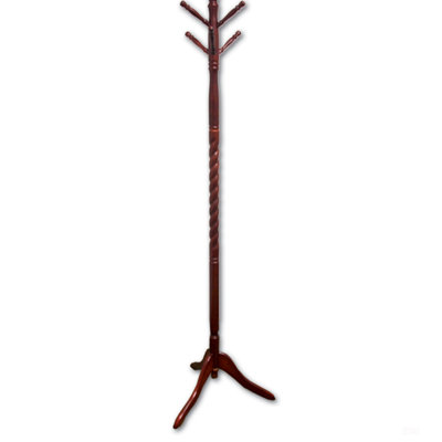 71.5 Inch Tall Wooden Standing Coat Rack With Twist Design And Cherry Finish For Stylish And Practical Storage