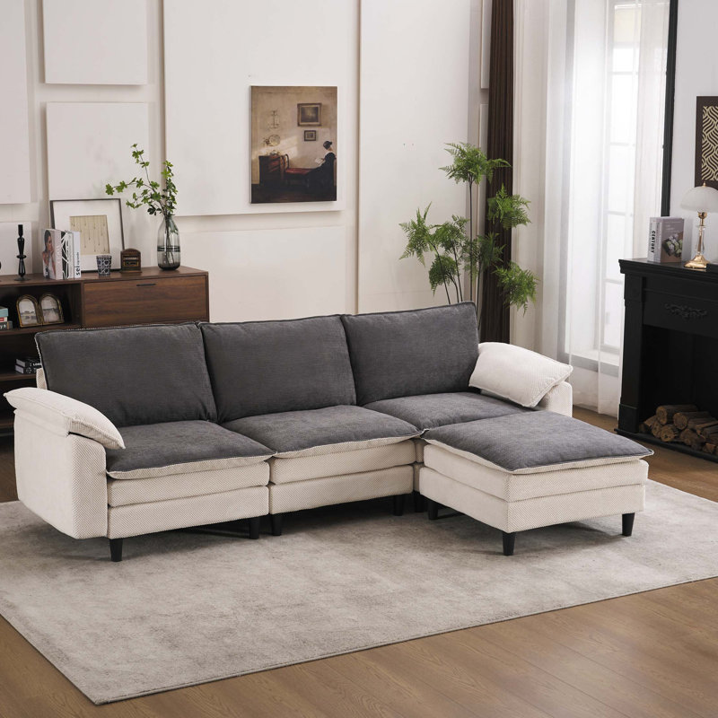 Canapé modulaire modulaire avec repose-pieds Cloud, White Chenille, 34.65" H x 100.39" W x 61.8" D, Black