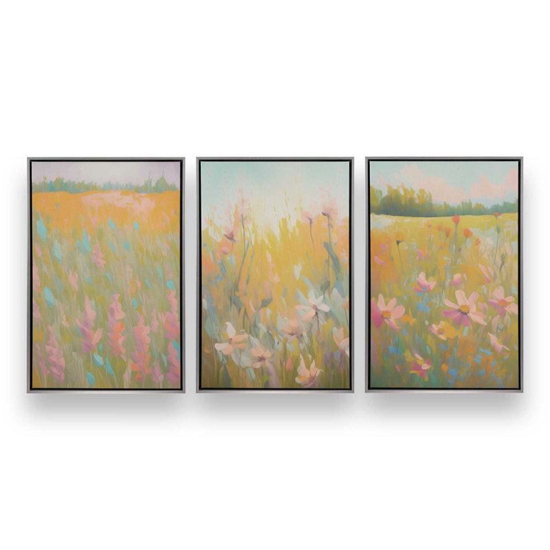 Ensemble de 3 symphonie de prés pastel, H 49 po x l 99 po, Cadre flottant en chrome poli