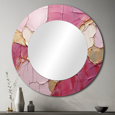 Gold Pink Minimalism Poteries - Abstract Spirals Mirror, Modern Round Decorative Wall Mirror, Printed Metal Art