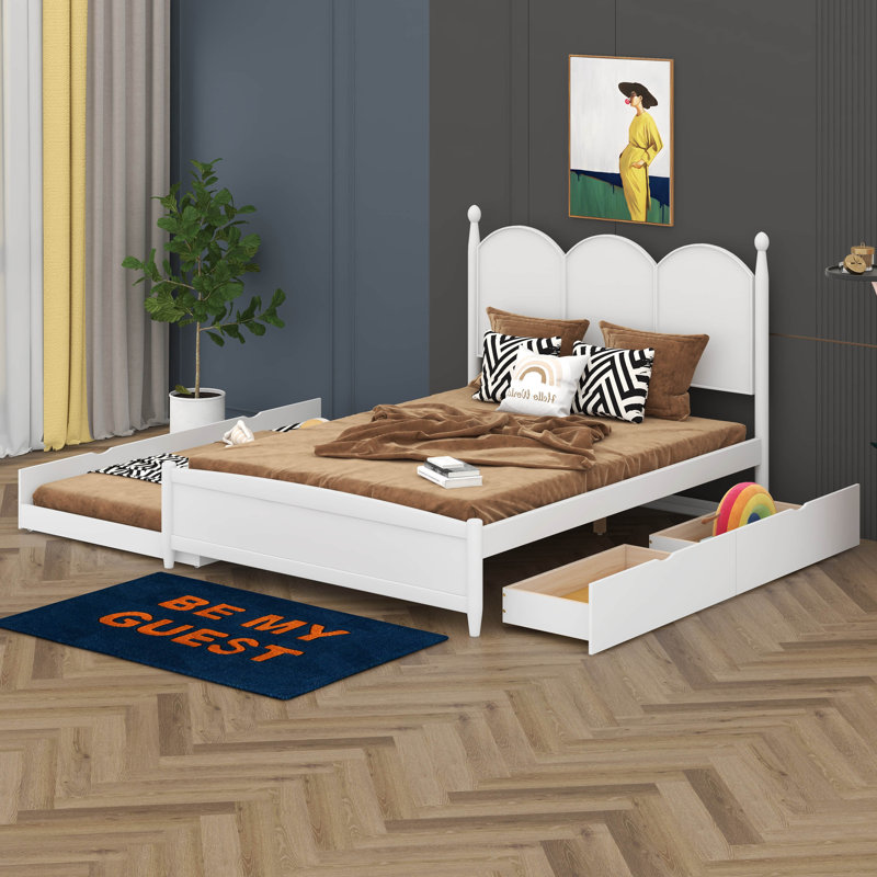 Grand lit plateforme avec 2 grands tiroirs, lit gigogne simple TG, Blanc