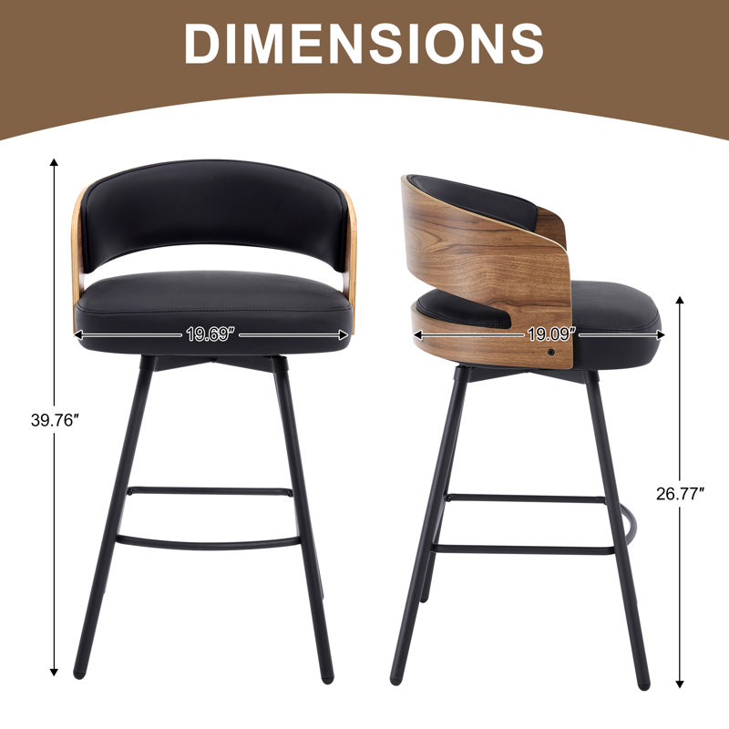 Tabouret de comptoir pivotant en similicuir avec dossier en bois cintré, Noir, noir, noir, noir