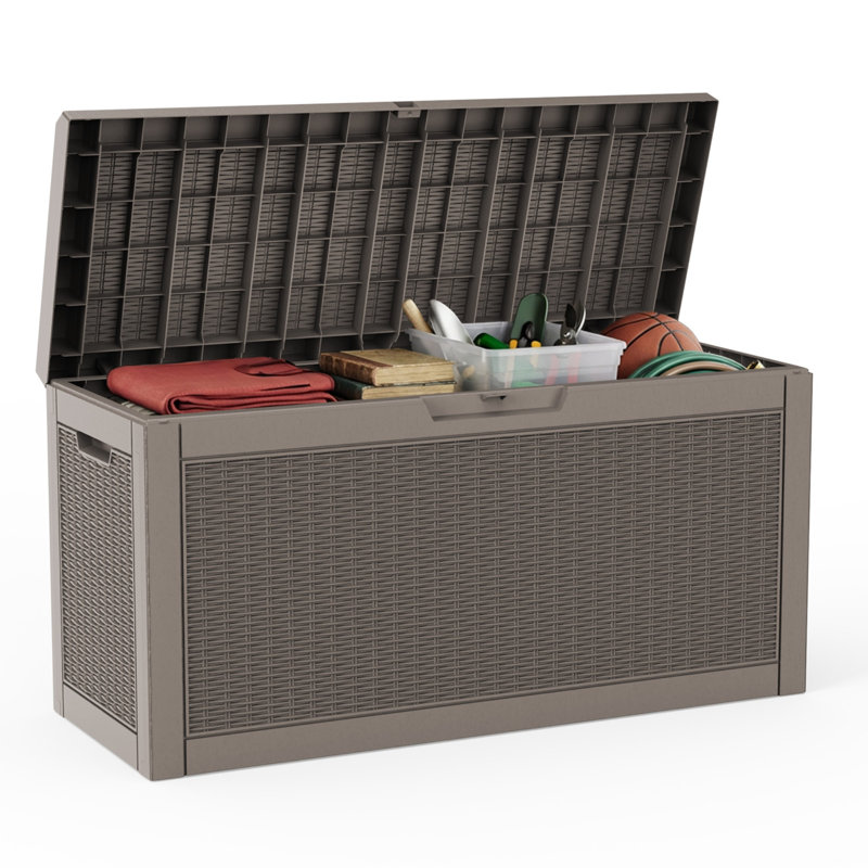 60 Gallon Rattan-Style Lockable Deck Box, Water Resistant Resin, Brown
