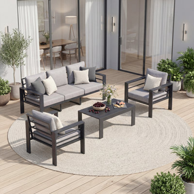 All-Aluminum Outdoor Furniture Set, 5-Person Patio Seating Group, 4-Piece Conversation Set with Thick Cushions and Coffee Table