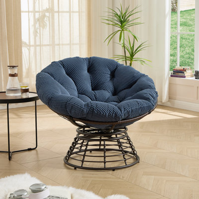Comfortable Ergonomic Wicker Papasan Chair, 360° Swivel Indoor Outdoor Rattan Chair With Soft Thick Cushion, Ideal For Living Room, Bedroom, Reading Room, Brown Frame With Navy Blue Cushion