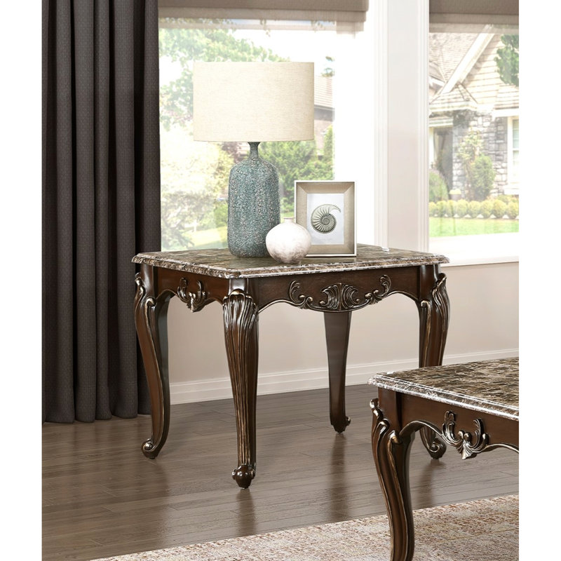 Table de bout rectangulaire en marbre de luxe formelle 1Pc avec finition cerisier et bords dorés, pieds classiques, pour les espaces de vie traditionnels