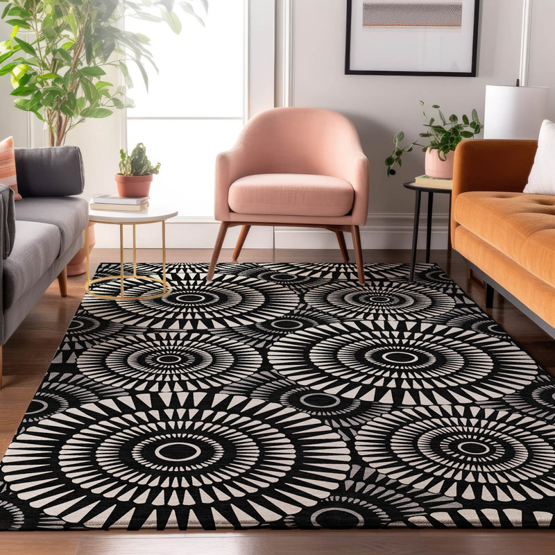 Premium Machine Washable Prisco Black Rug, Rectangle 10' x 14'