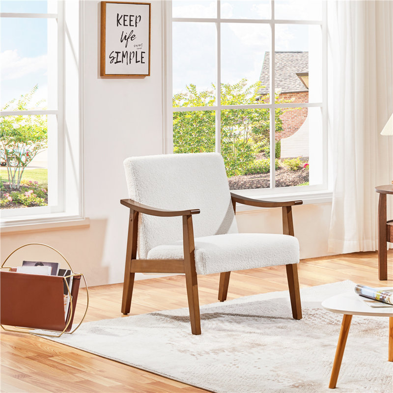 Fabric Mid-Century Modern Armchair, Ivory Boucle/Brown