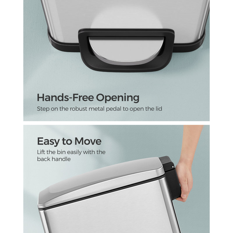 Kitchen Bin, Narrow Pedal Waste Bin with Lid, Slim for Small Spaces, Steel, Soft Close, 13 Gallons (50 L), Silver