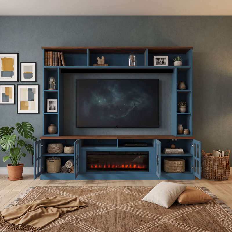 Meuble audio-vidéo mural pour téléviseur de 80 po ou moins avec foyer électrique, portes en verre trempé et tablettes réglables
