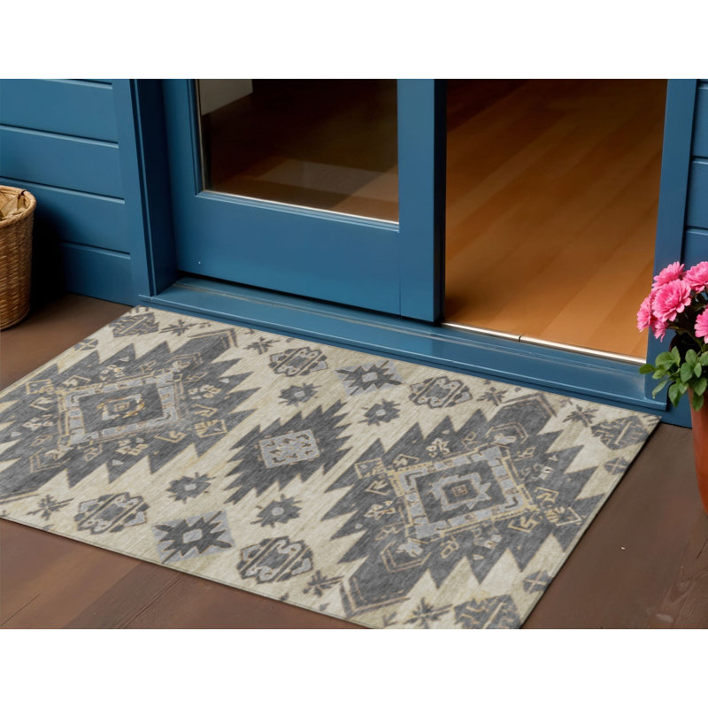 Tapis extérieur lavable tribal beige et gris 3 pi x 5 pi
