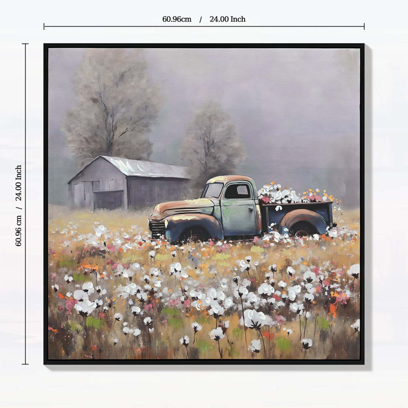 Tableau sur toile représentant un camion de ferme vintage, décor rustique champêtre avec des accents floraux, parfait pour la décoration printanière de la maison