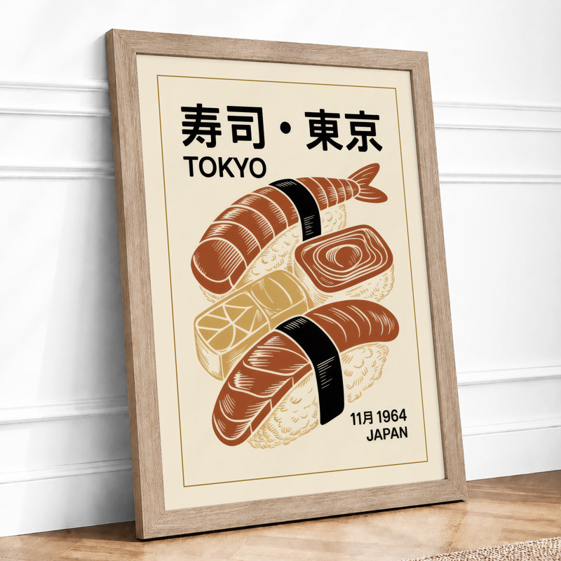 Tokyo Sushi Poster Retro - Framed Print, Oak, A3 - 42.0 x 29.7 cm