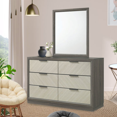 Commode 6 tiroirs avec miroir en bois blanc et gris Visalia