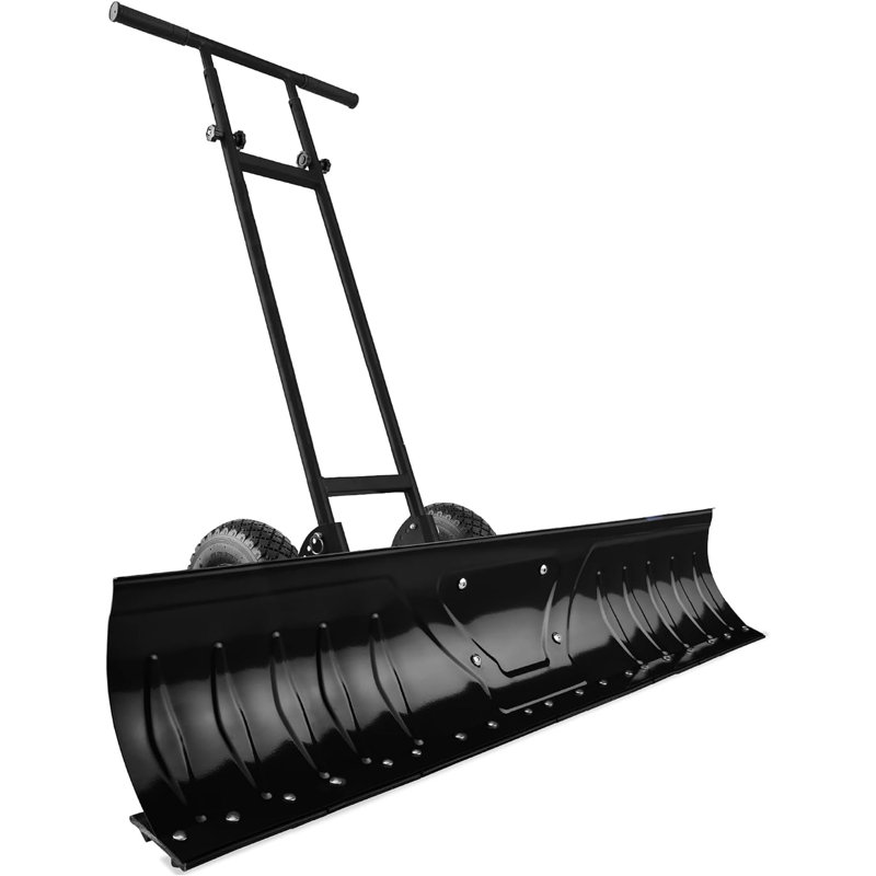 36in Snow Pusher Shovel w/Wheels,Metal Snow Pusher Shovel with Adjustable Handle, Angled Blade for Driveway,Black, 36*10