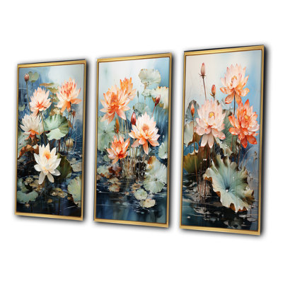 " Asian Art Lotus Pond " 3 - Pieces