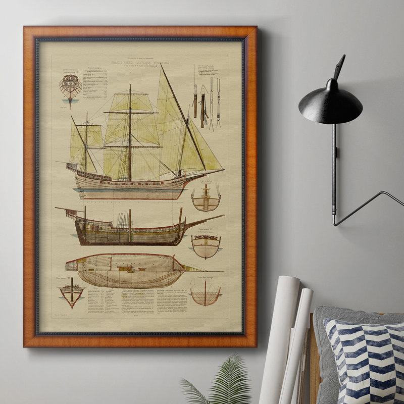 Toile encadrée de qualité supérieure Antique Ship Plan II - prête à être accrochée, H 27 po x l 18 po x P 2,5 po