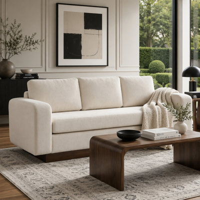 Canapé moderne en chenille 3 places avec assise spacieuse et base en bois d'hévéa robuste, parfait pour les salons et les petits espaces