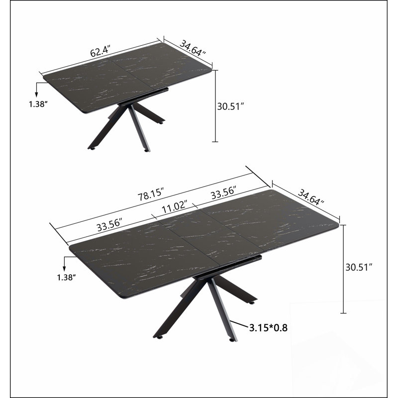 62.4" Extendable 78.15"Very large Black Dining Table Modern Mid-Century Kitchen Table, Black