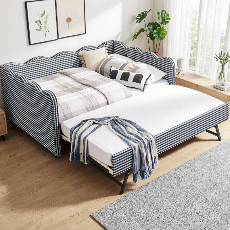 Lit de jour en vichy double avec couchette simple, canapé-lit en tissu de lin avec port USB et conception à vagues, aucun sommier nécessaire