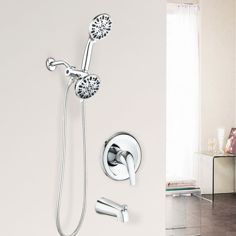 Dual Shower Head System With Tub Spout - High 2 In 1 Faucet Valve. 7 Spray Settings For A Soothing Bath. Finish. All Metal. 1.8 Gpm Flow Rate. 59" Hose. 1/2" Connector Size Valve System. Patterns &