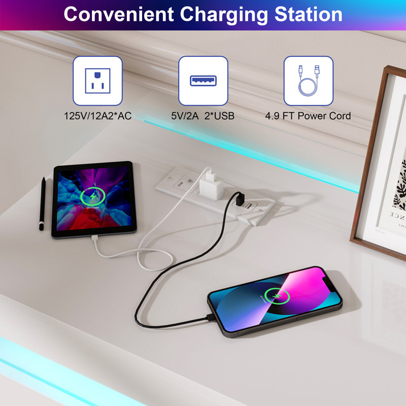Modern 9-Drawer Dresser With LED Lighting & Built-In Charging Station - White/Black (Extra Deep Storage), White