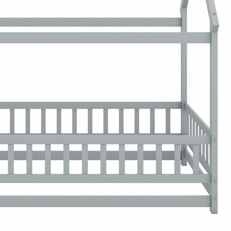 Lit en bois avec structure de toit et garde-corps de sécurité, Gris