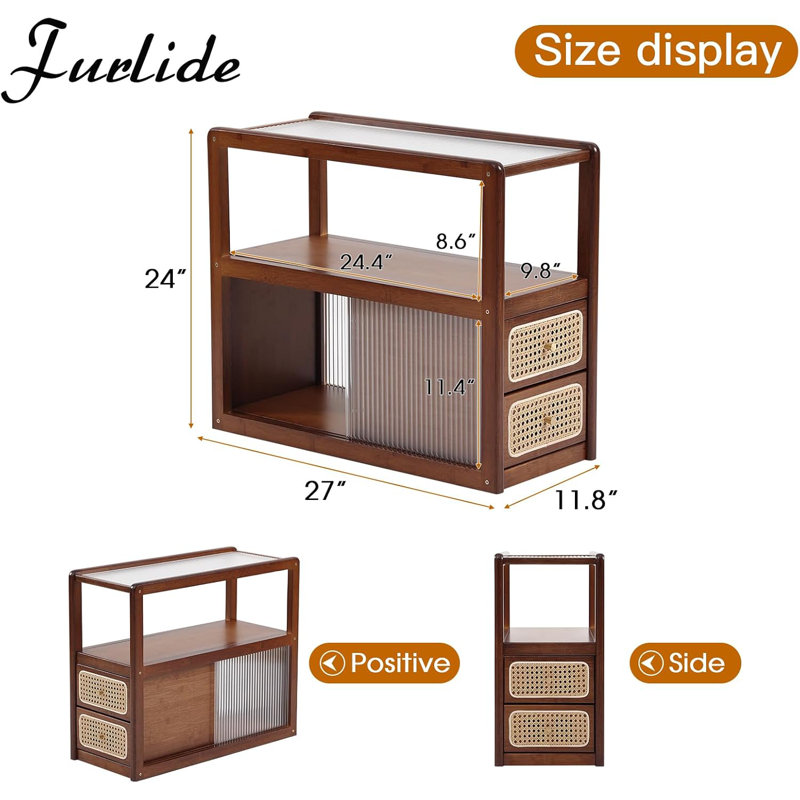 Mid-Century Modern Rattan Side Table With Glass Top And Storage, Walnut