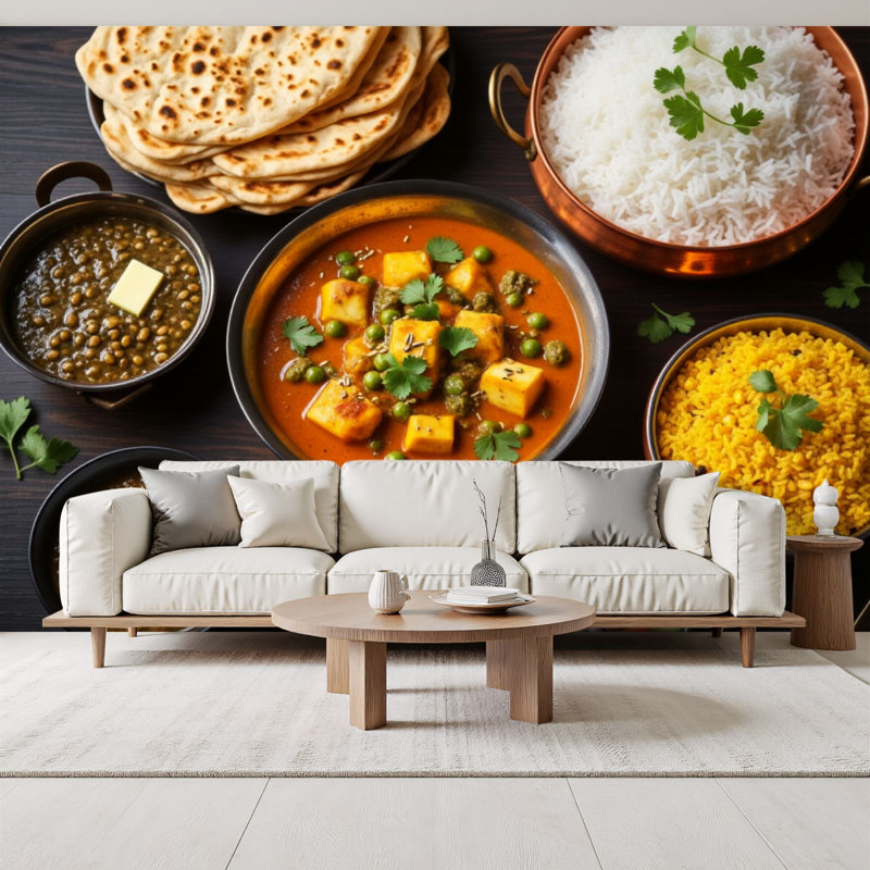 Papier peint adhésif à peler et coller coloré de cuisine indienne à motif de salade fraîche Paneer Curry Dal Riz Naan