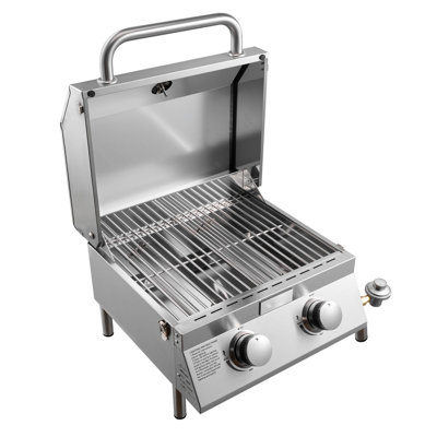 Tabletop Gas Grill 2 Burner Stainless Steel Portable Propane Grill with Built in Thermometer Travel Locks and Weatherproof Lid 15000 BTU for Outdoor Cooking Patio Party Camping RV