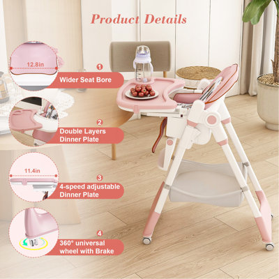 Adjustable Baby High Chair 0-6 Years – Portable Infant Feeding Seat With Safety Belt, Silent Lockable Wheels & Easy-Clean Design For Home, Dining, Living Room, Bedroom (Pink)