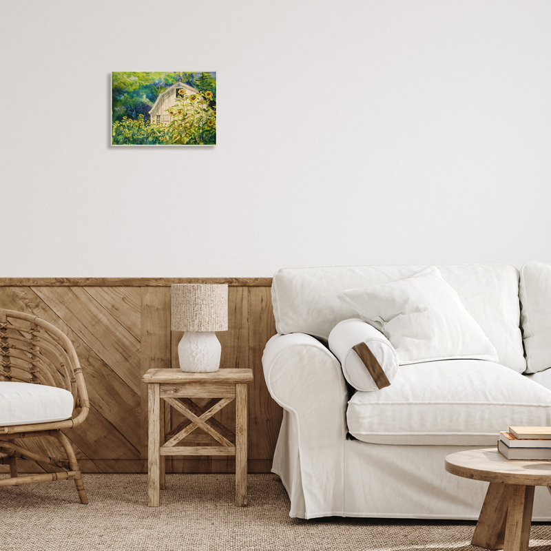 Paisible champ de tournesols campagne campagne grange - peinture, H 10 po x l 15 po x P 0,5 po, Plaque murale