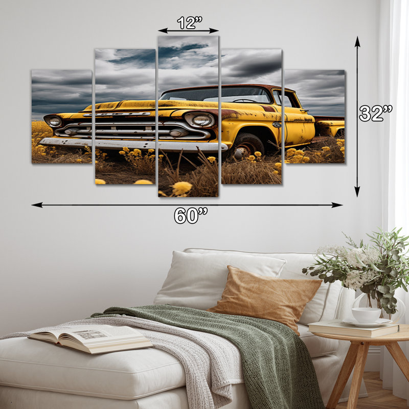 «Yellow Pickup Truck Rustic Rides II», impression sur toile transport - 5 panneaux